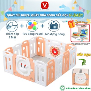 Quây Cũi Nhựa Cho Bé V-BABY Quây Nhựa Gấp Gọn [Tặng Kèm Bóng, Thảm Hai Mặt, Giỏ Đựng Bóng]