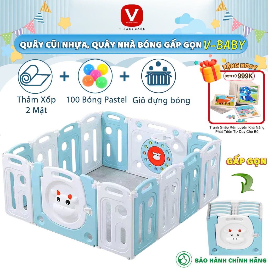 Quây Cũi Nhựa Gấp Gọn V-BABY 2026 Tặng Bóng - Thảm Hai Mặt - Giỏ Đựng Bóng, Quây Cũi An Toàn Cho Bé