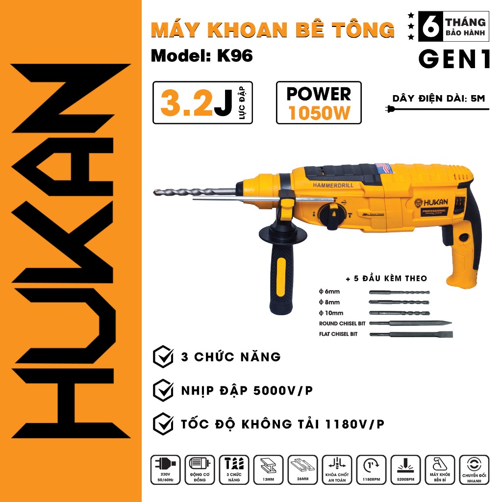 Máy Khoan Bê Tông HUKAN K96 - Công Suất 1050W - Lực Đập 3.2J - 3 Chức Năng - Kèm Mũi Khoan Mũi Đục -