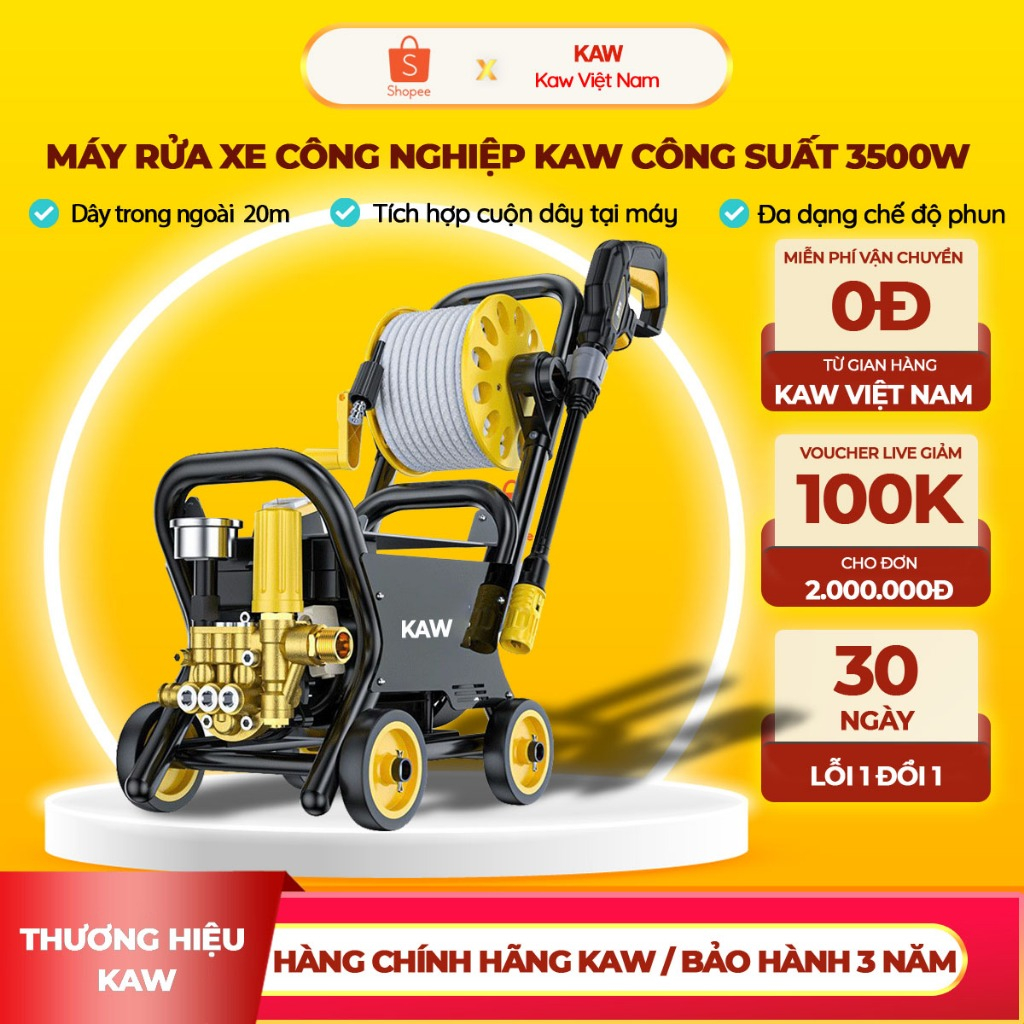 Máy Rửa Xe Công Nghiệp KAW Tầm Phun Xa 20M, Công Suất Lớn 3000W, Dây Ra Vào 20 Mét Dễ Dàng Sử Dụng
