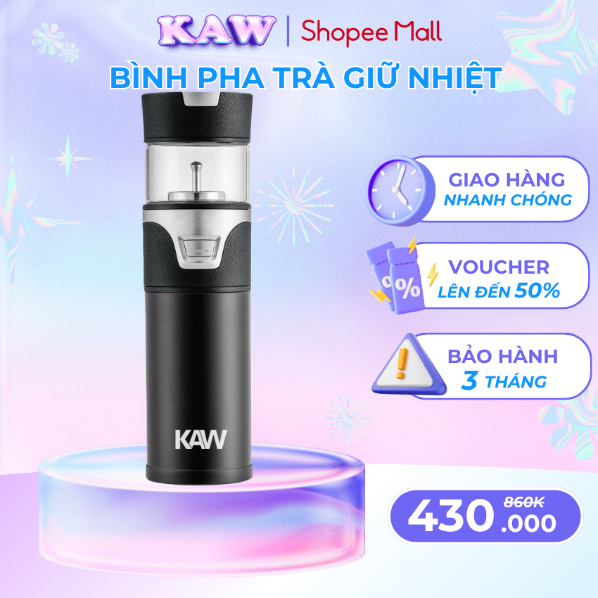 Bình Pha Trà Kiêm Bình Giữ Nhiệt Đa Năng KAW 450ml có lưới lọc chất liệu INOX thủy tinh
