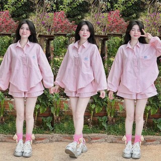 Set bộ đùi chất lụa cao cấp kẻ sọc áo cổ sơ mi dài tay có túi thệu chữ quần lưng cao ống rộng xinh xắn