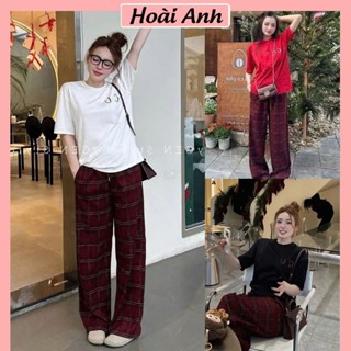 Set Bộ Đồ Nữ Áo Phông Thụng In GUC Ngắn Tay Mix Quần Dạ Xuông Kẻ Caro Đỏ Ống Rộng