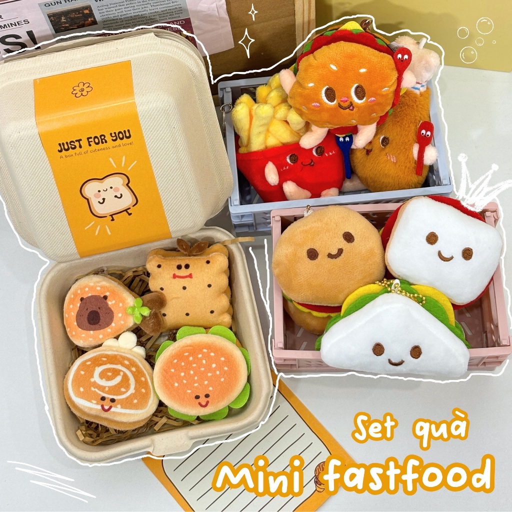 Set quà Yummy box bã mía gấu bông móc khoá đồ ăn hambuger, khoai, bánh kẹp kèm thiệp tặng bạn gái, người yêu, bạn thân