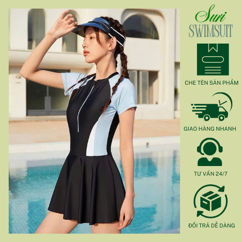 [HÀNG CAO CẤP-CÓ BIGSIZE] Đồ bơi/ bikini 1 mảnh liền thân áo tay ngắn, váy xoè, dây kéo, quần bảo hộ