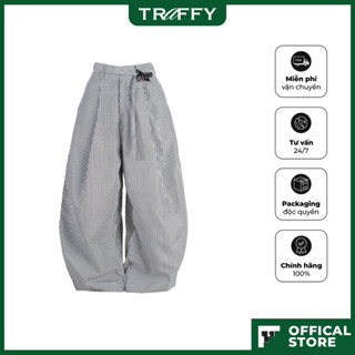 Quần Kaki Sọc TRAFFY Basic Form Rộng Cạp Trễ Ống Suông Hack Chân Ribbon Phong Cách Đi Biển Nam/Nữ