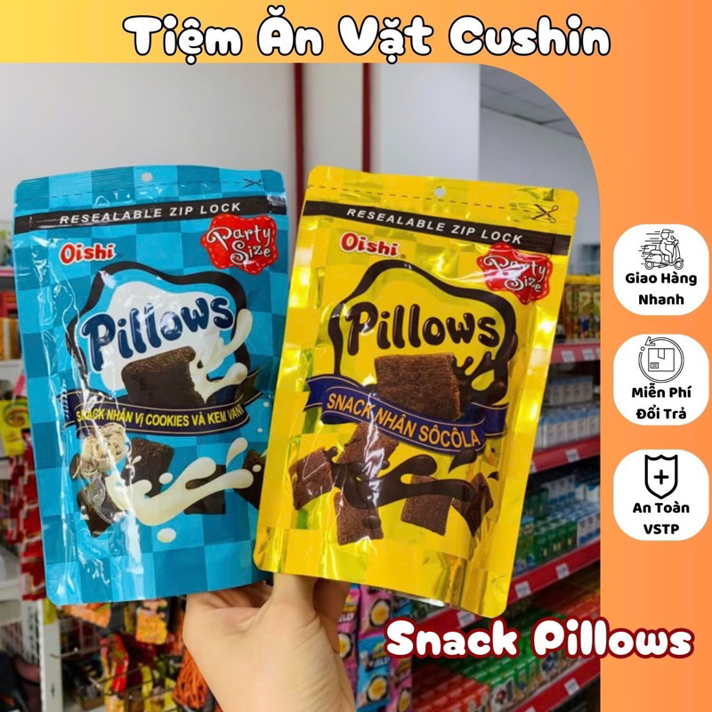 Snack Pillows Oishi Nhân Sữa Dừa - Socola - Kem Vani Gói 85G, Bánh Nhân Kem Oishi, đồ ăn vặt
