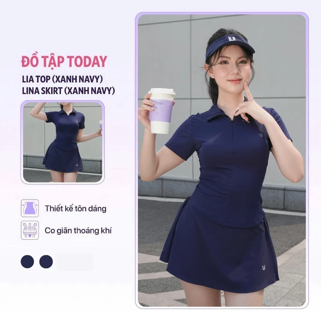 Set đồ thể thao nữ áo Lia top xanh navy mix chân váy Lina skirt xanh navy Today U Wear tập pickleball chạy bộ
