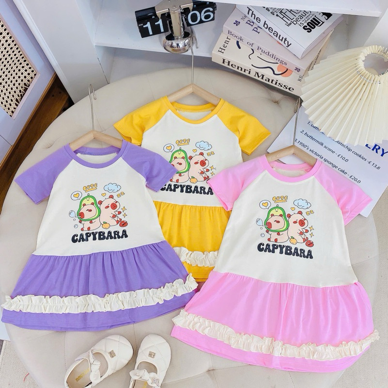 1-7(10-28kg)  Váy cotton rua gấu in 5D hình Capibara  dễ thương có 3 màu, đủ size đến  28kg
