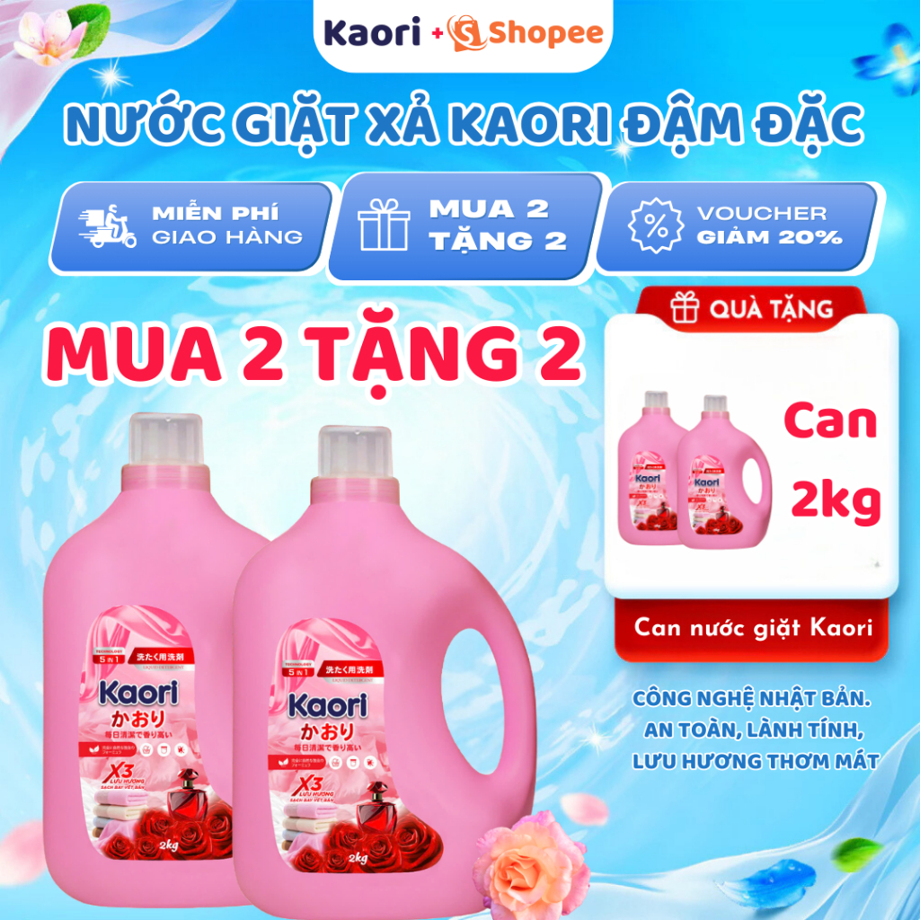 Combo 4 can nước giặt Kaori hương nước hoa can 2L, nước giặt xả Kaori lưu hương 48h