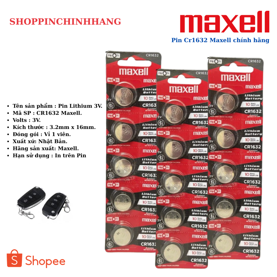 Vỉ 5 viên Pin CR1632 Maxell chính hãng dùng cho khoá smartkey ô tô xe máy