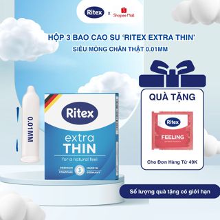 Bao Cao Su Siêu Mỏng RITEX EXTRATHIN 0.01MM Nhiều Gel Bôi Trơn Hộp 3 BCS