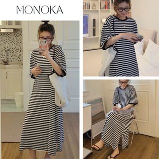 Váy thun không cổ cộc tay kẻ ngang đen trắng form rộng dáng dài Đầm suông maxi viền đen cổ tròn ngắn tay phông bầu T128G