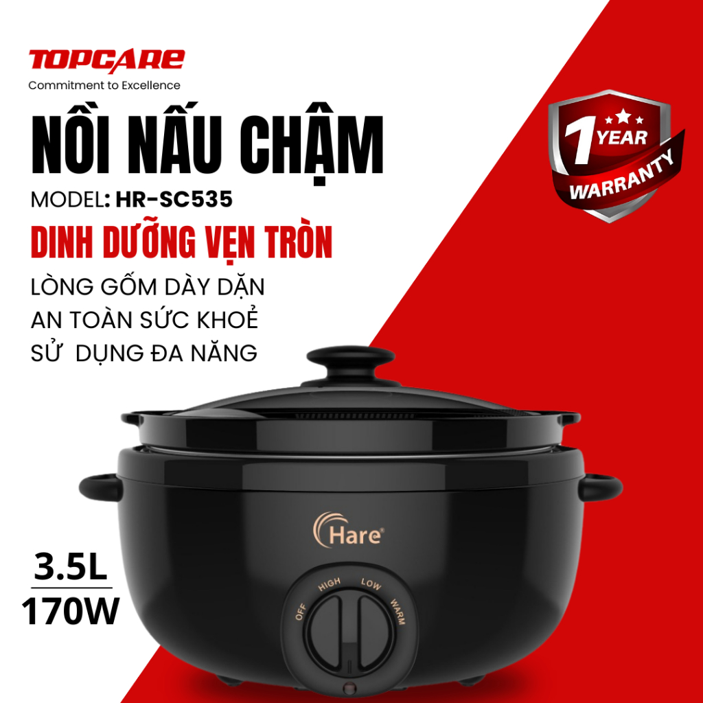 Nồi nấu chậm Hare HR-SC535 dung tích 3.5L Giữ trọn dinh dưỡng, an toàn cho sức khỏe