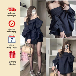 Áo Trễ Vai Kẻ Dọc Xanh Chất Chéo Thái Form Rộng Tay Phồng Cánh Rơi (LA137)