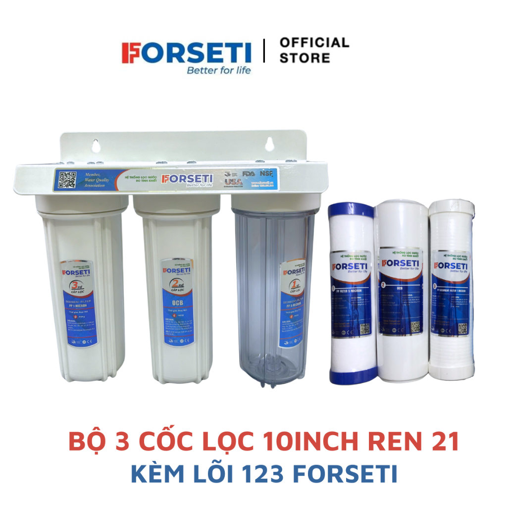 Bộ 3 cốc lọc thô trắng 10inch ren 21 kèm Lõi 123 Forseti, Gông mở, Cút Đầu Ra Phi 10 Bộ Lọc Xử Lý Đầu Nguồn
