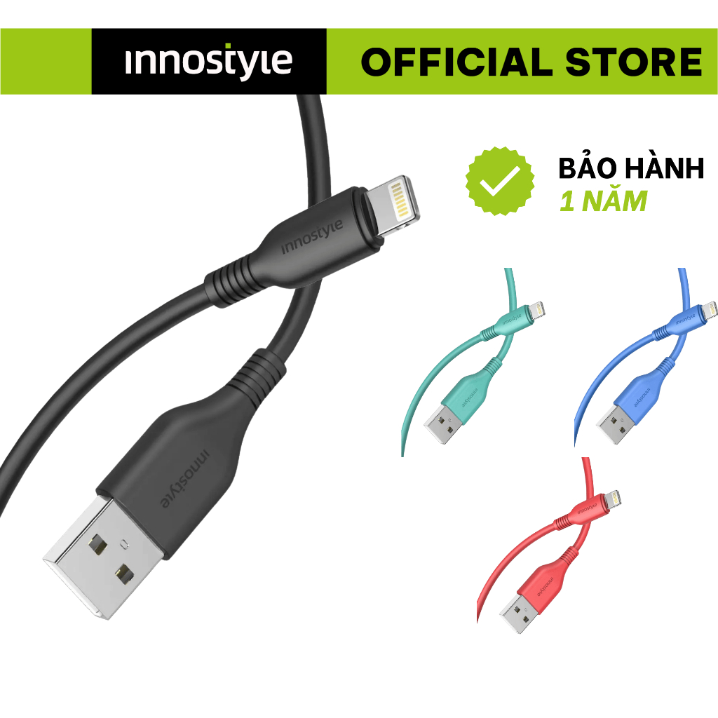 Cáp sạc USB-A To L Innostyle Jazzy 2.4A dài 1.5 mét bền bỉ, không gãy, chính hãng, bảo hành 12 tháng