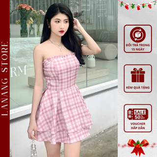 Váy cúp ngực caro hồng dáng xòe – đầm trễ vai nữ tính đi chơi, dạo phố LaNang V424