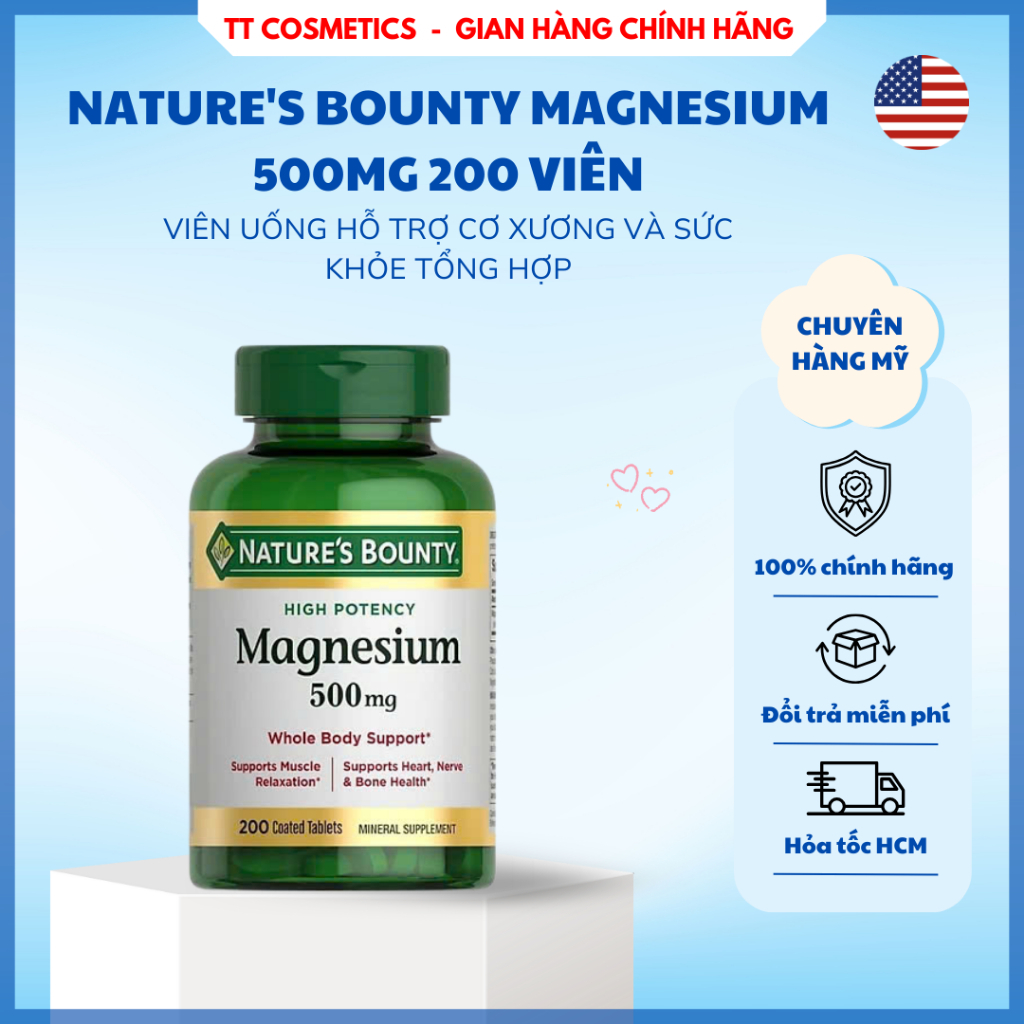 (Date 2027) Viên Uống Hỗ Trợ Cơ Xương Nature's Bounty High Potency Magnesium 500mg 200 viên