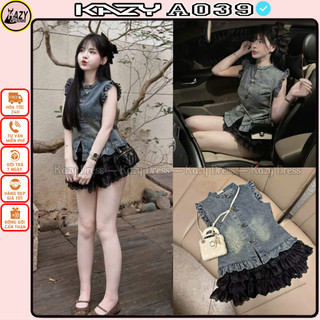  Set váy nữ áo kiểu tiểu thư denim bò sát nách tay viền bèo cánh tiên cúc đồng sang chảnh A039 KAZYDRESS 