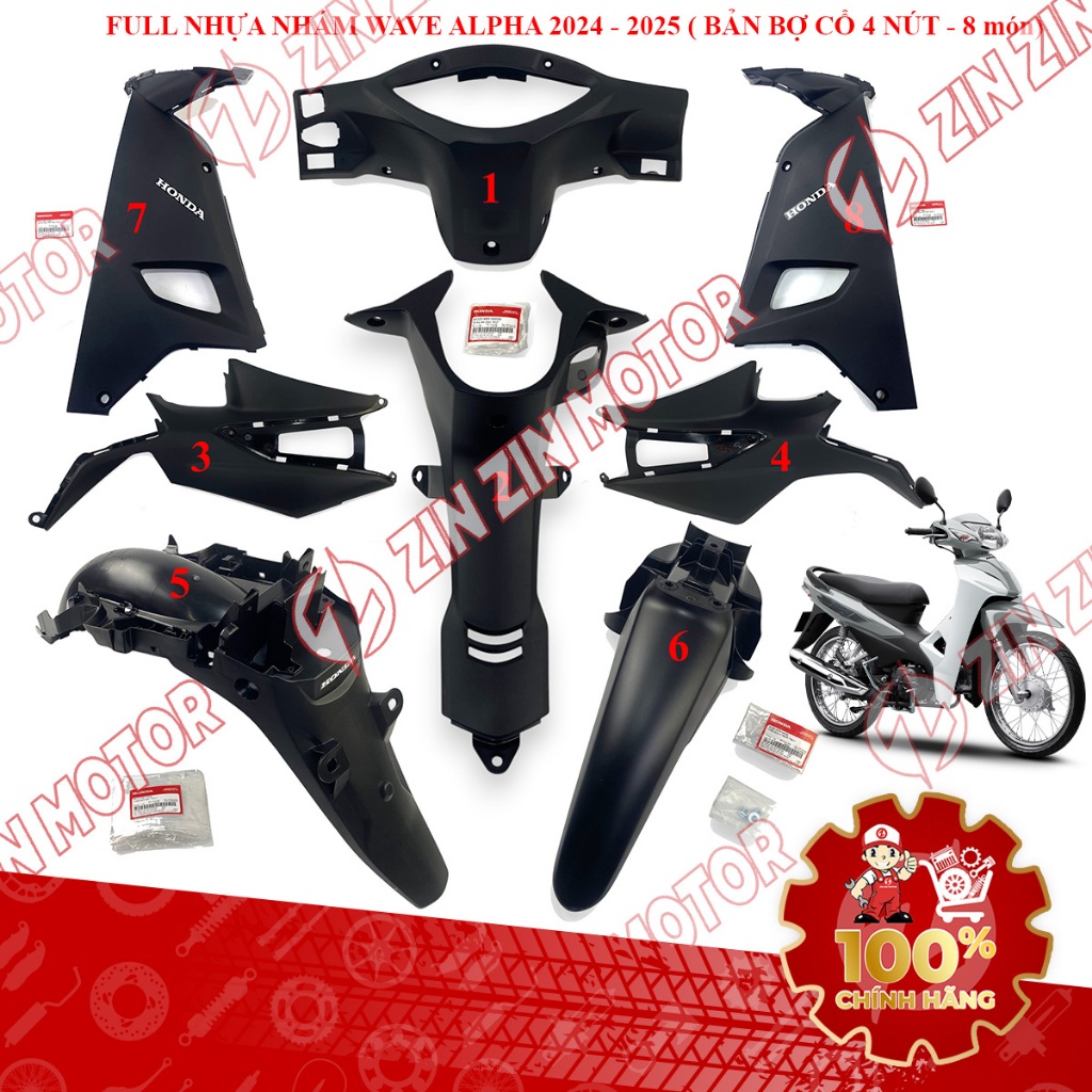 Dàn Áo Nhựa Nhám Wave Alpha 110 2024 Phiên Bản Tiêu Chuẩn (8 Món - Loại Không Có Công Tắc Tắt Đèn Ph