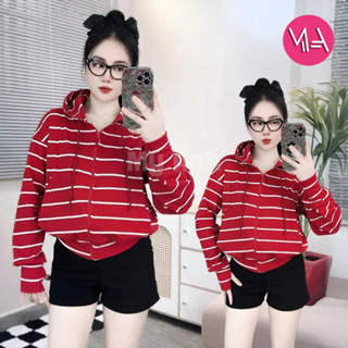  Áo Khoác Nữ Thun Gân Sọc Ngang 6 Túi Bên Trong Có Khoá Kéo - Nón To 2 Lớp Tay Xỏ Ngón Chống Nắng 