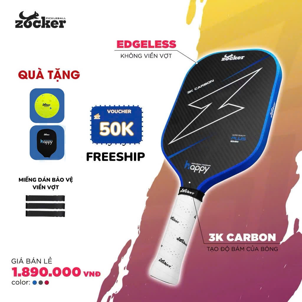 Vợt Pickleball Zocker HP02 Plus Gen 2 Không Viền, mặt 3K carbon,TẶNG miếng dán bảo vệ viền, bóng thi