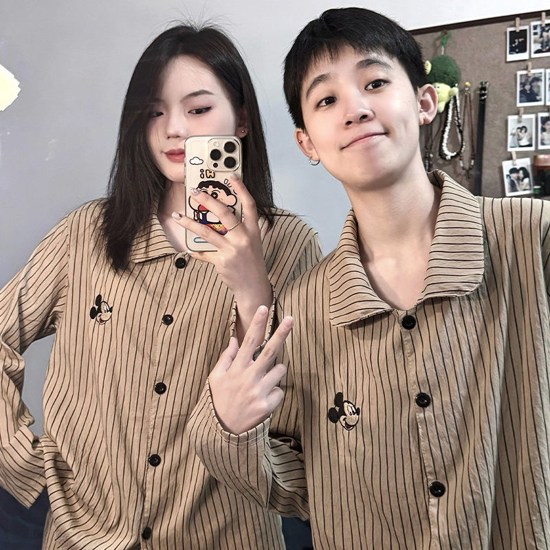 Bộ Ngủ Pyjama Nam Nữ Kẻ Sọc Hoạ Tiết Thêu Hình Mickey Chất Cotton Thoáng Mát, Bộ Mặc Nhà Dài Tay Cho Nam Nữ Dáng Rộng
