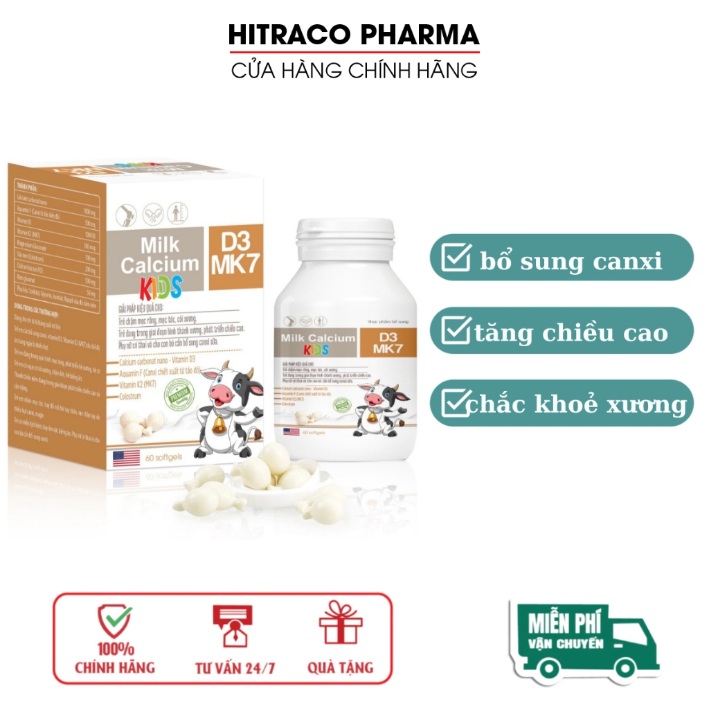 Viên canxi sữa Milk Calcium Kids D3 MK7 giúp tăng chiều cao, chắc khỏe xương - Chai 60 viên