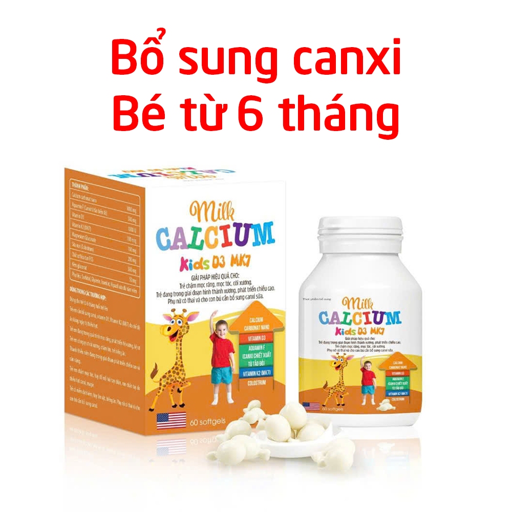 Viên canxi sữa Milk Calcium Kids D3 MK7 giúp tăng chiều cao, chắc khỏe xương - Chai 60 viên