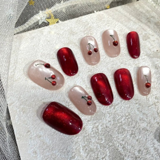  Nail Box ngắn mắt mèo đỏ ánh trăng mix nude hoạ tiết cherry Hàn Quốc Nữ Embi.nailbox E038 