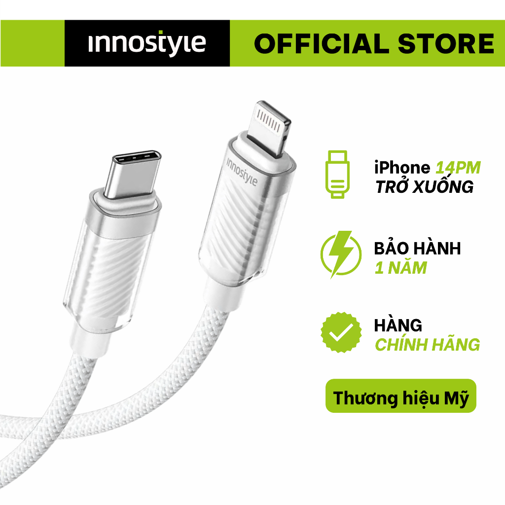 Cáp sạc nhanh USB-C to L Innostyle CryStalShine dài 1.5 mét, bền bỉ, sạc nhanh, bảo hành 12 tháng | BigBuy360 - bigbuy360.vn