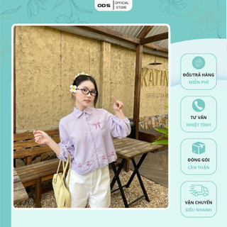 Áo Sơ Mi TÍM ĐẬM ODS thêu cherry lai áo, nơ 1 bên ngực, dáng ngắn, tay phồng lỡ trẻ trung năng động - SIB53