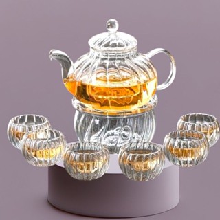 Bộ ấm pha trà thuỷ tinh có vân đẹp tinh tế sang trọng gồm 1 ấm 6 chén và đế nến 600ml
