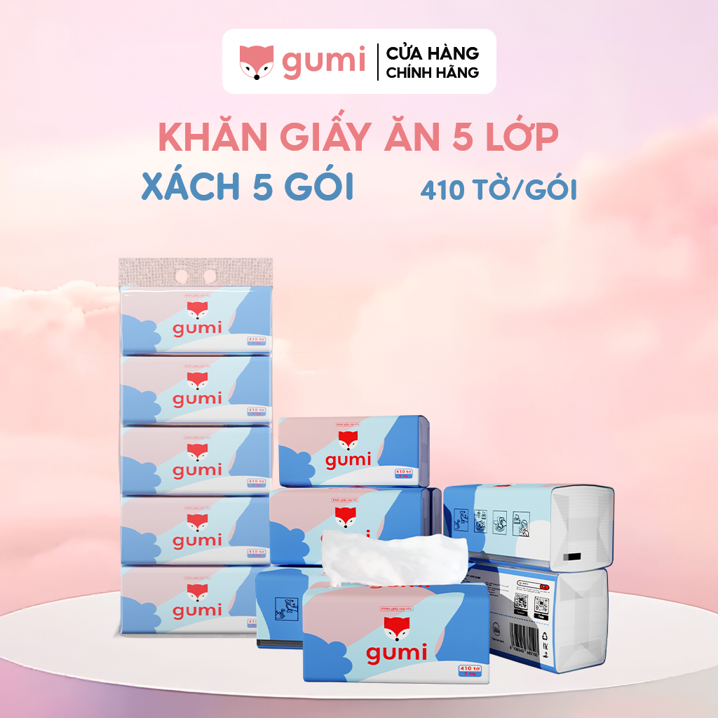 Bịch 5 gói giấy ăn Gumi 5 lớp, siêu dai dày dặn mềm mịn