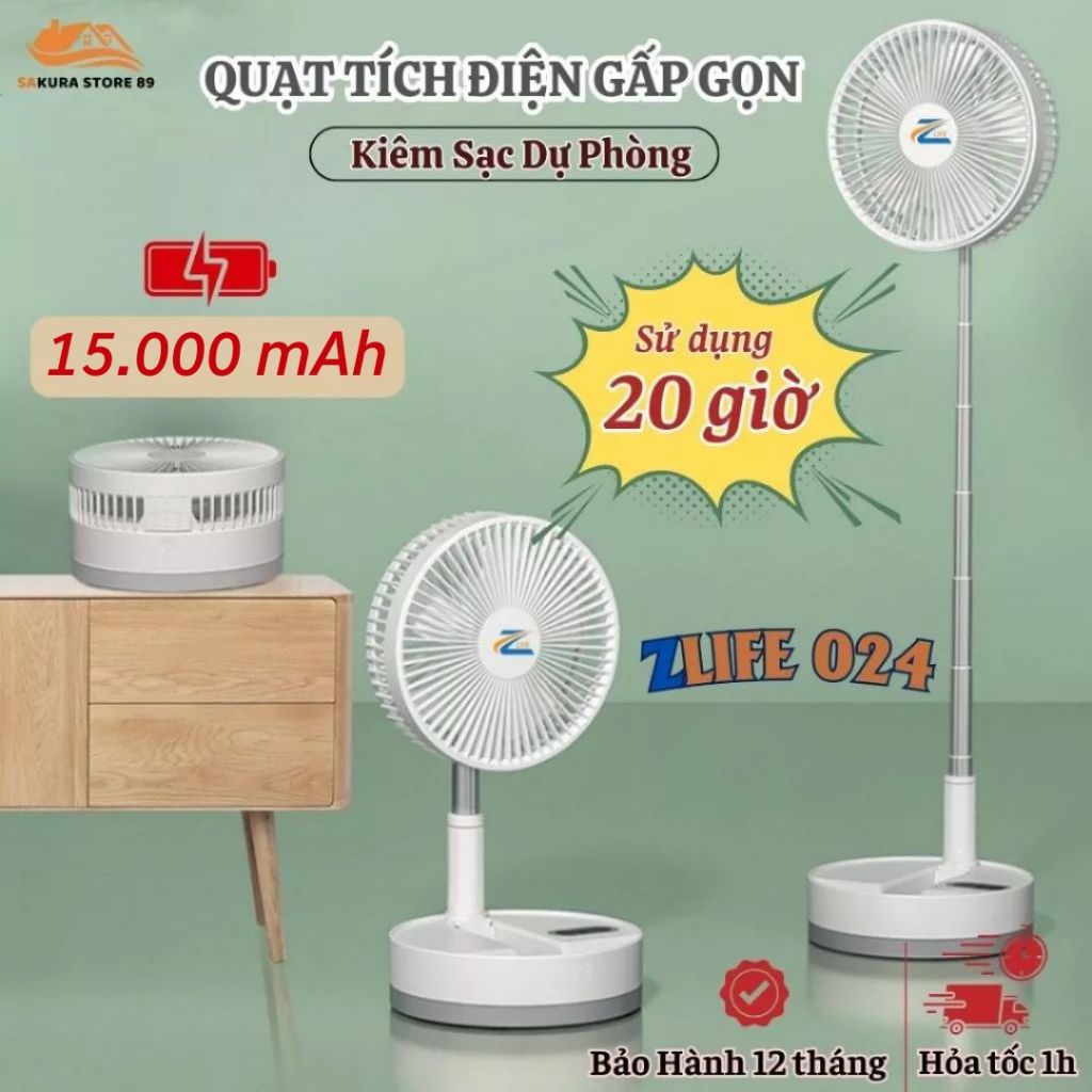 Quạt Tích Điện Pin Trâu Cỡ Lớn, Quạt Sạc Điện Gấp Gọn ZLife Thông Minh Sạc Pin Kéo Dài 1 mét  Pin 15.000mAh
