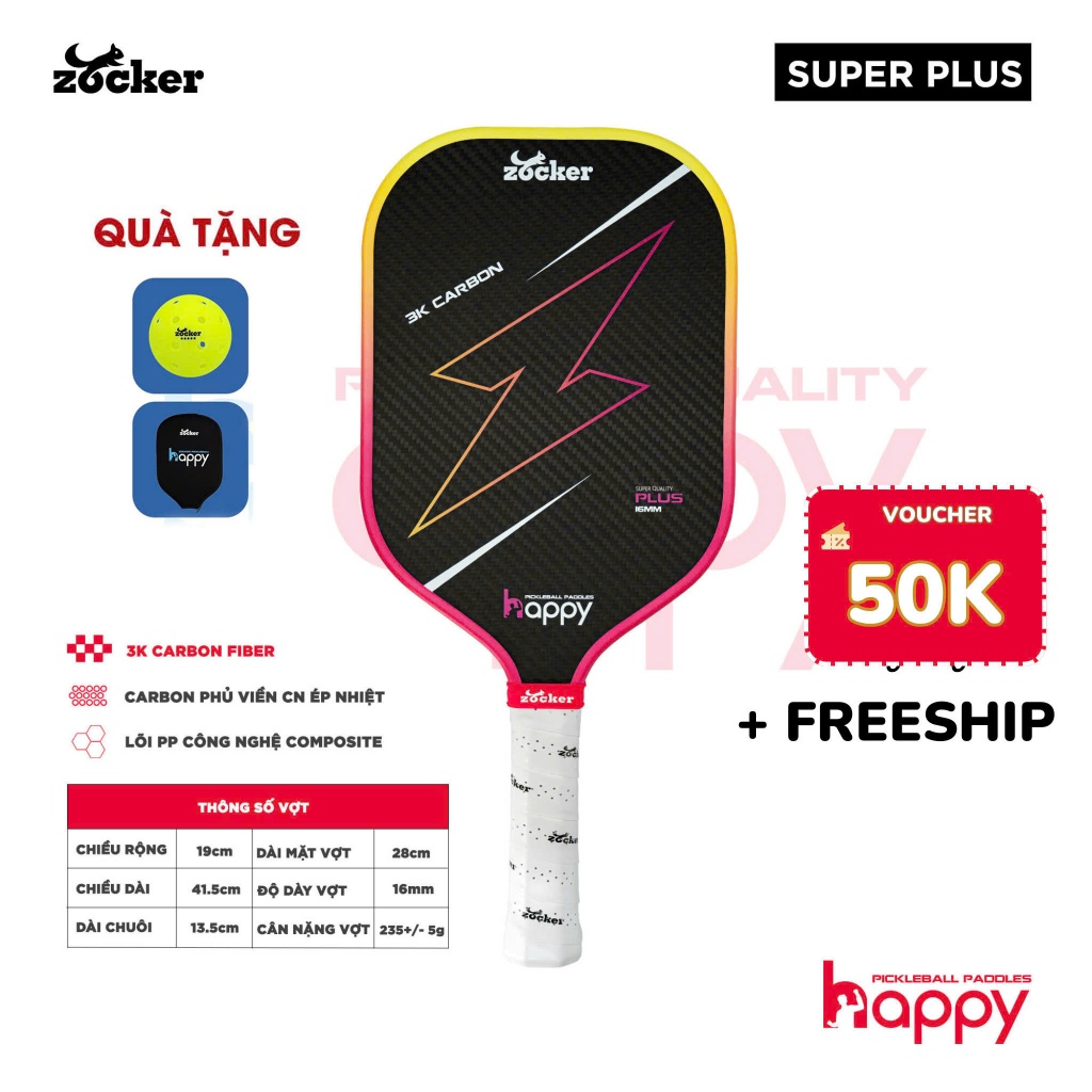 Vợt Pickleball Zocker Happy Super Quality Plus mặt 3K Carbon Fiber,Tặng 1 túi bảo vệ mặt vợt và 1 bó