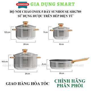 Bộ nồi chảo inox Sunhouse SHG789 dùng được trên bếp gas, bếp hồng ngoại và cả bếp điện từ