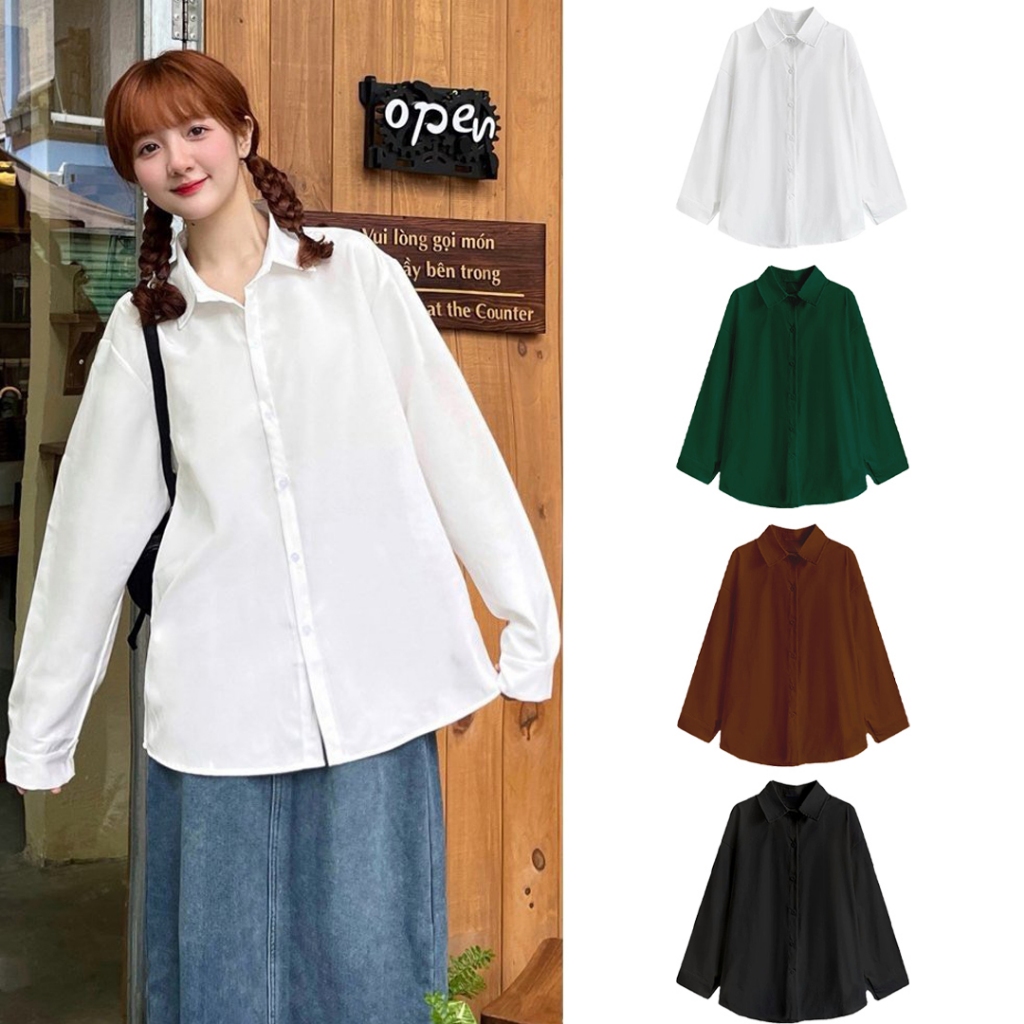Áo Sơ Mi Trơn Tay Dài Form Rộng 4 Màu Nam Nữ Unisex