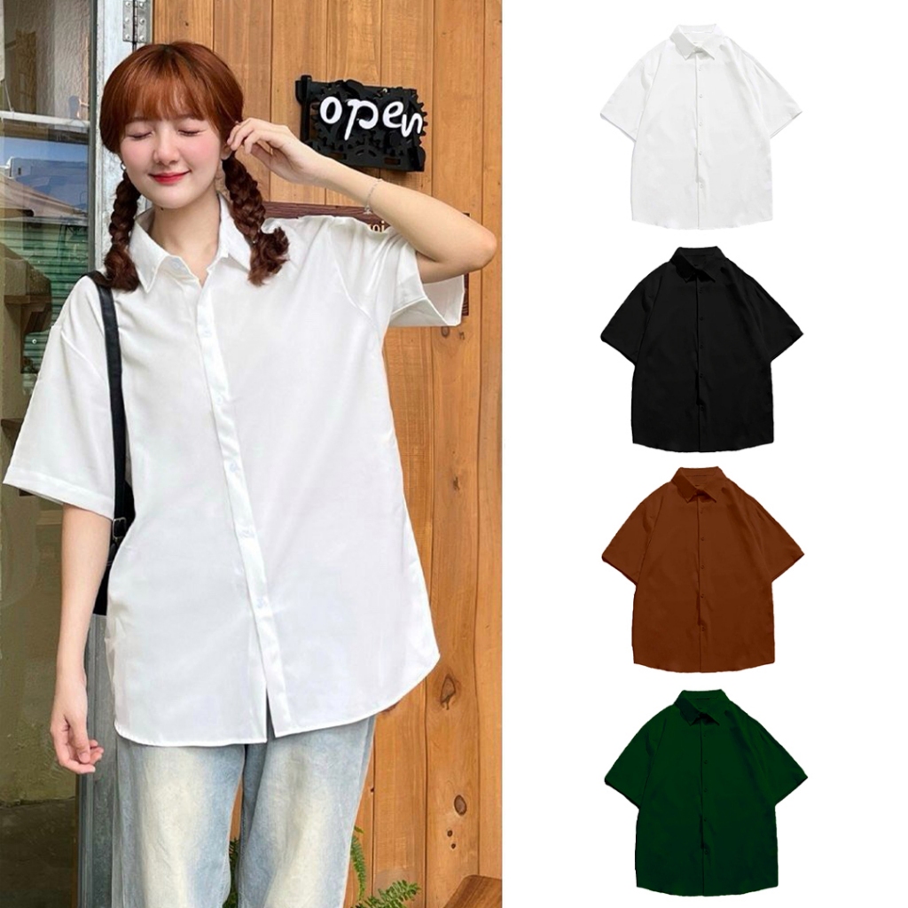 Áo Sơ Mi Trơn Tay Ngắn Form Rộng 4 Màu Nam Nữ Unisex