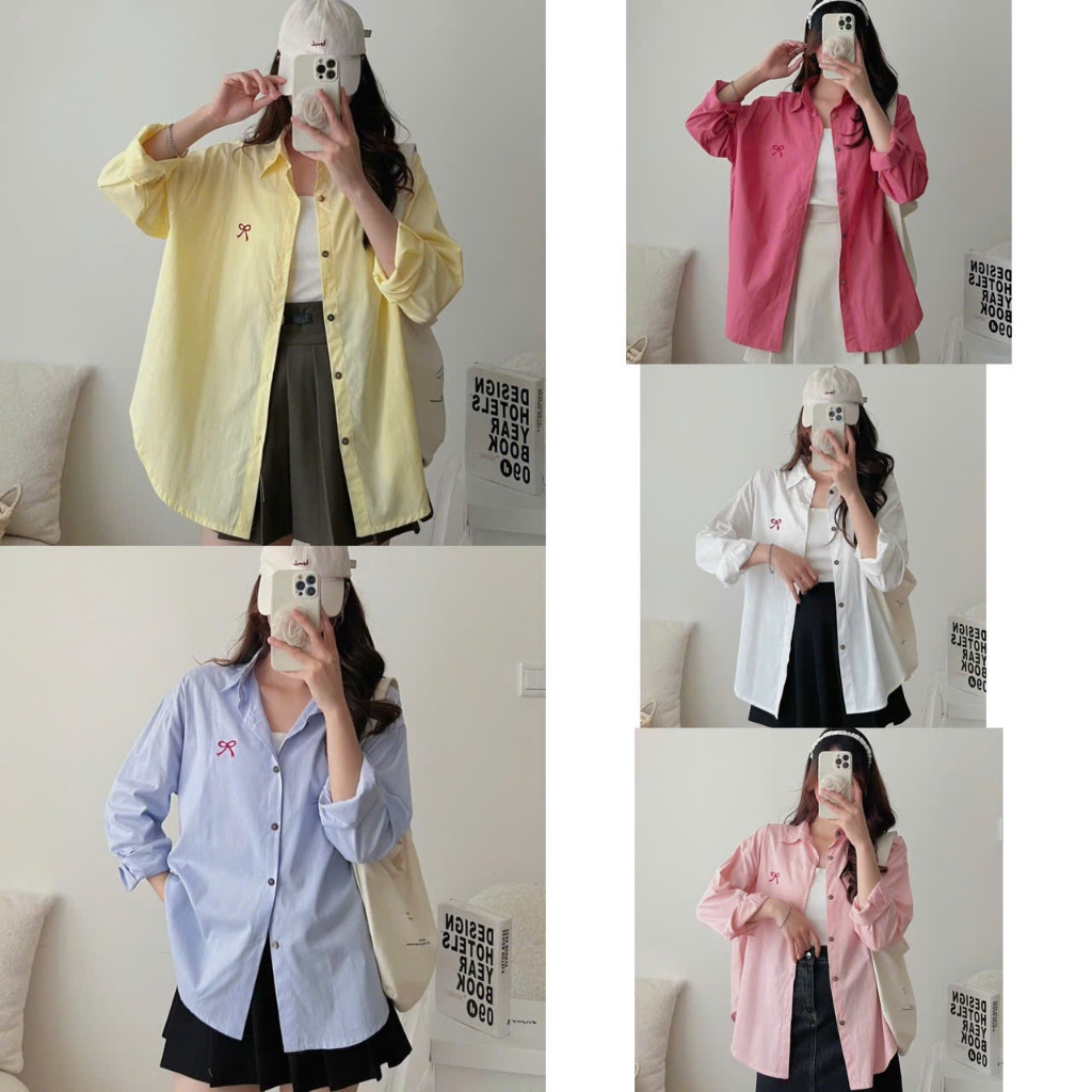 [Hàng Sẵn]: Áo Sơ Mi 5 Màu Trơn Thêu Nơ Ngực Kiểu Dáng Basic Cân Mọi Outfit (Ảnh Thật Trải Sàn) Loll
