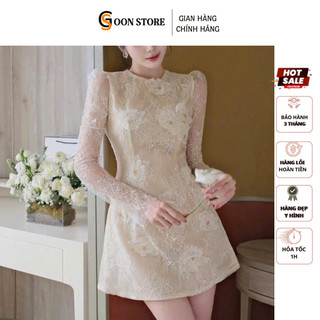 Đầm Váy ren nữ tay bồng cổ tròn họa tiết hoa nhụy vàng sang chảnh Goon Store