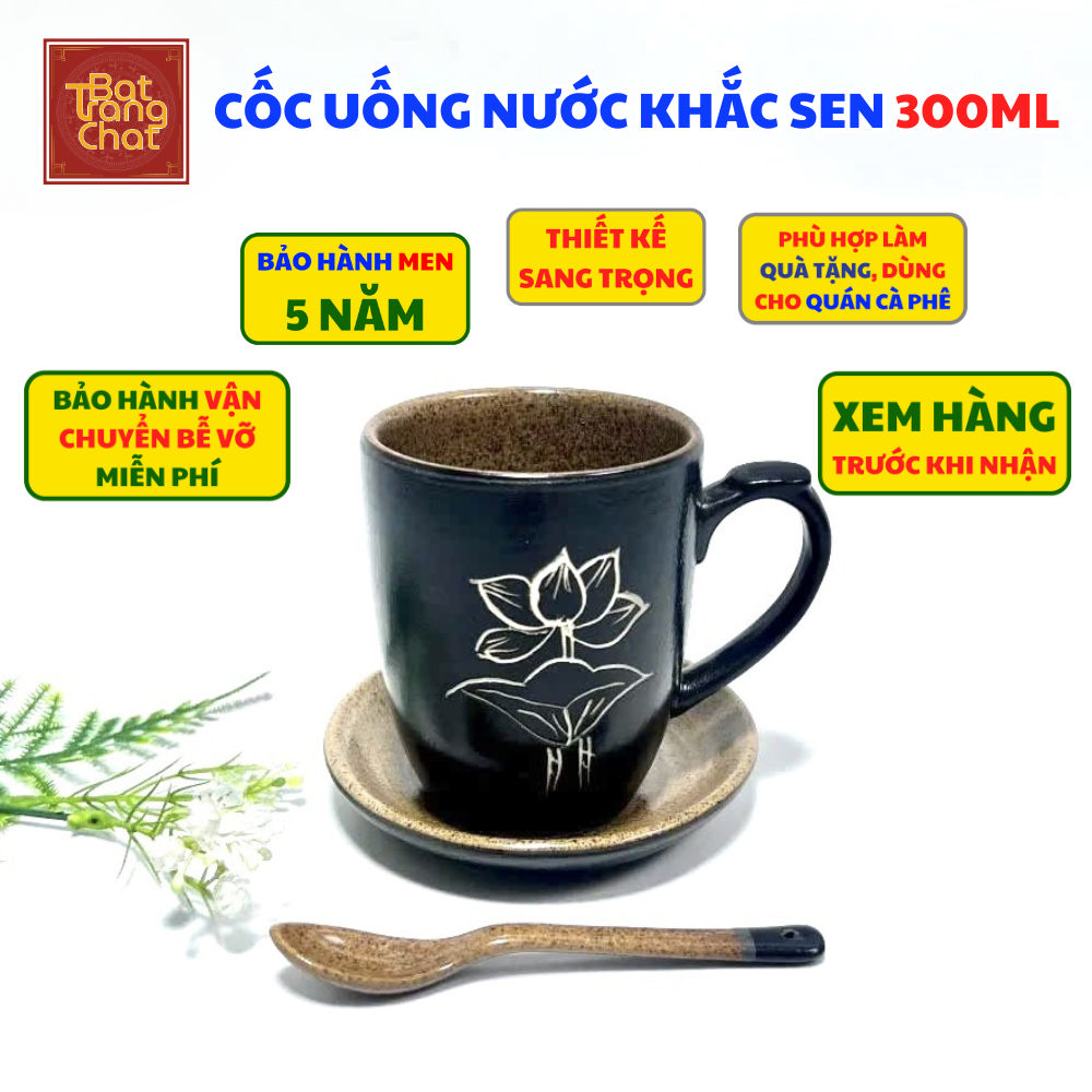 Cốc Sứ, Ly Sứ, Cốc Uống Nướ, Cốc Lipton Khắc Hoa Sen Thủ Công Gốm Sứ Bát Tràng 300ml