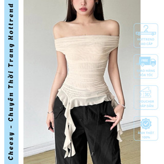 Áo Trễ Vai Thun Lưới Dáng Đẹp 2 Màu Basic Dễ Phối. Áo Trễ Vai Cách Điệu Vạt Tua Rua Cực Slay T38