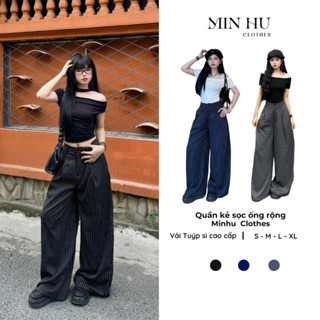 Quần kẻ sọc ống rộng Minhu Clothes, quần ống suông kẻ sọc màu đen unisex (có sẵn)