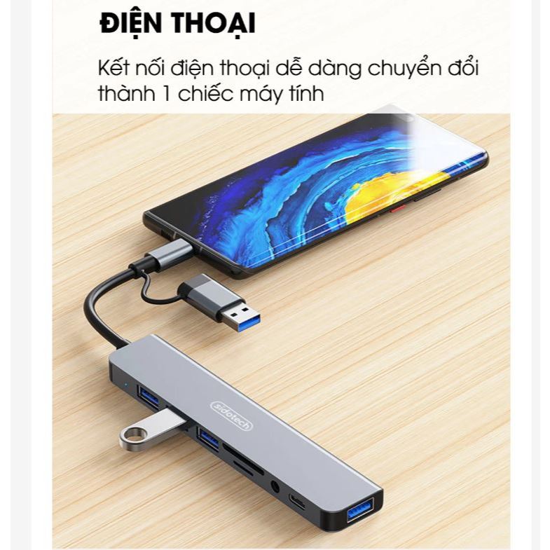 Bộ Hub 8 Trong 1 2 đầu USB &Type-C Mở Rộng 4 Cổng USB, Khe Cắm Thẻ SD/TF, Audio 3.5mm Cho Laptop , Điện Thoại & Máy Tính | BigBuy360 - bigbuy360.vn