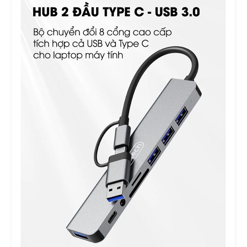 Bộ Hub 8 Trong 1 2 đầu USB &Type-C Mở Rộng 4 Cổng USB, Khe Cắm Thẻ SD/TF, Audio 3.5mm Cho Laptop , Điện Thoại & Máy Tính | BigBuy360 - bigbuy360.vn