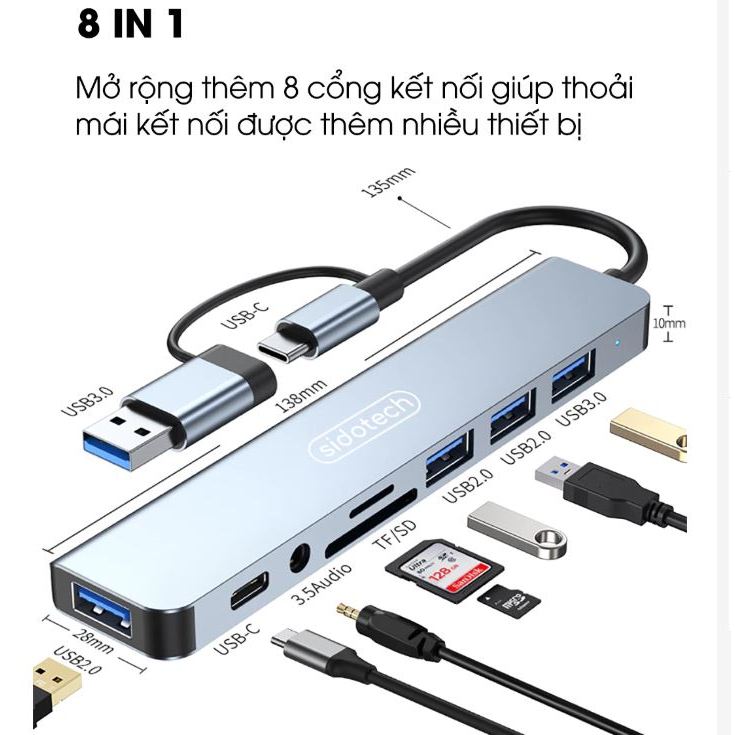 Bộ Hub 8 Trong 1 2 đầu USB &Type-C Mở Rộng 4 Cổng USB, Khe Cắm Thẻ SD/TF, Audio 3.5mm Cho Laptop , Điện Thoại & Máy Tính