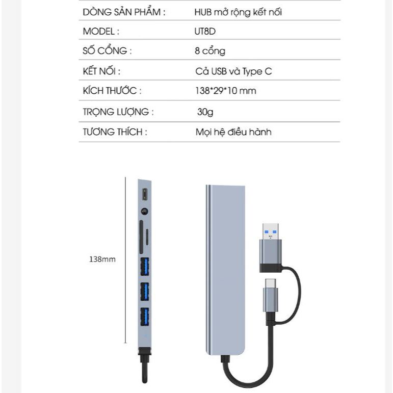 Bộ Hub 8 Trong 1 2 đầu USB &Type-C Mở Rộng 4 Cổng USB, Khe Cắm Thẻ SD/TF, Audio 3.5mm Cho Laptop , Điện Thoại & Máy Tính | BigBuy360 - bigbuy360.vn
