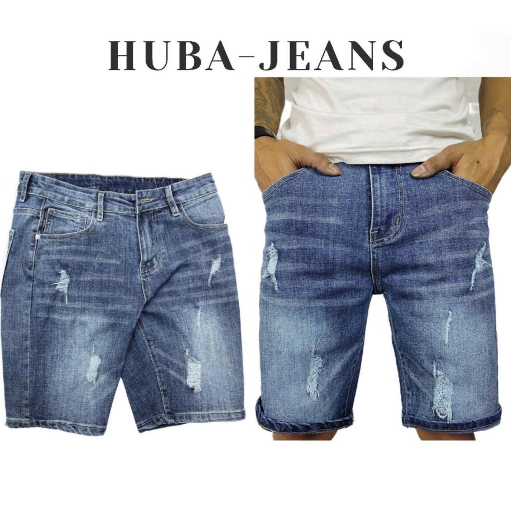 Quần SHORT jean nam HUBA-JEANS PHOM ÔM ỐNG CÔN wash xanh wash bạc sáng rách Menswear Pants Denim